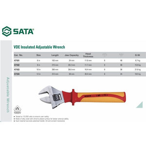 Kunci Inggris 8" 47102 VDE Insulated Adjustable Wrench Sata Tools
