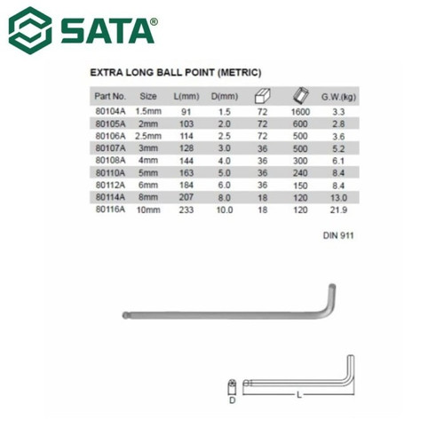 Kunci L 10 mm Metric Extra Long Ball Point Hex Key 80116A Sata Tools