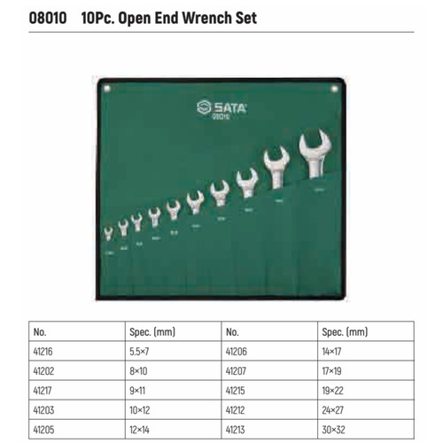 Kunci Ring Double Open Metric Set 10 pcs 08010 SATA Full Polish Open End Wrench Set