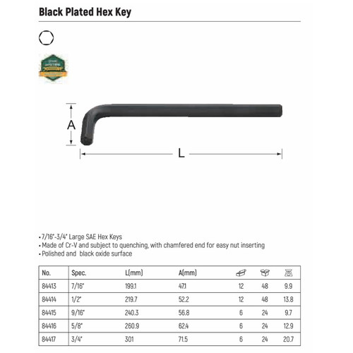 Kunci L Pendek 5/8" mm 84416 - Black Plated Hex Key 5/8" mm Sata Tools