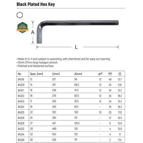 Kunci L Pendek 36 mm 84338 - Black Plated Hex Key 36 mm Sata Tools