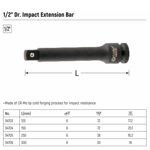 Kunci Shock Adaptor Impack 1/2" 34704 Impact Extension Bar 6" Sata Tools