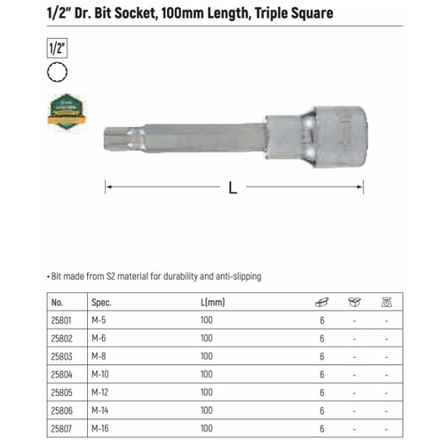 Socket Bits 12pt. M6 25802 Sata Tools 1/2" Dr. Bit Socket, 100MM Length 12pt. M6