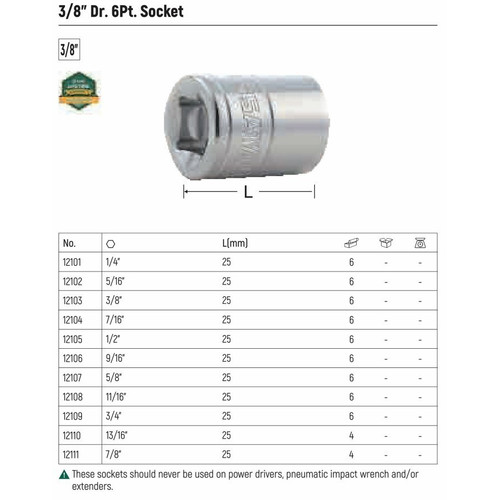 Kunci Sok 3/8" Dr. 6pt ukuran 1/2" Inci Sata Tools 12105 3/8" Drive 6 point Socket 1/2"