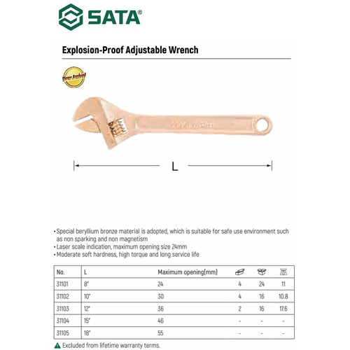 Kunci Inggris Anti Api 31105 18" Explosion-Proof Adj Wrench Sata Tools