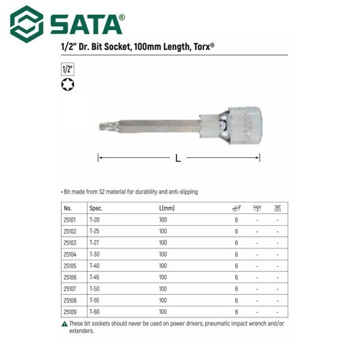 Socket Bits Bintang T60 25109 Sata Tools 1/2" Dr. Bit Socket, 100MM Length Torx T60