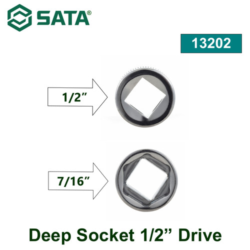 Kunci Sok Panjang 1/2" drive ukuran 7/16" 13202 Sata Tools 1/2" Dr. 6PT Deep Socket Inch