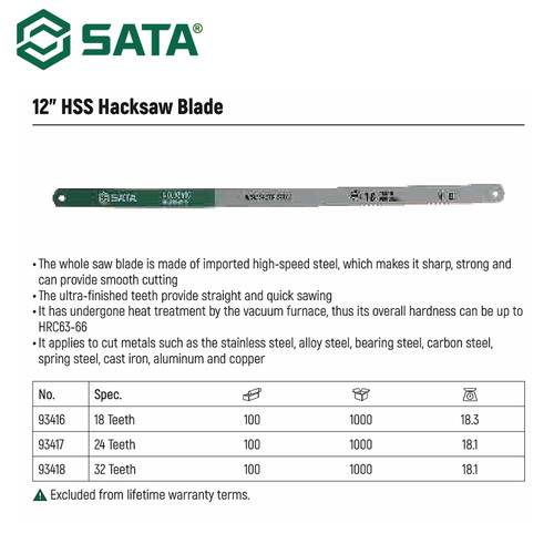 Pisau Gergaji Besi HSS 12", 32 Gigi/Inci 93418 Sata Tools HSS Hacksaw Blade