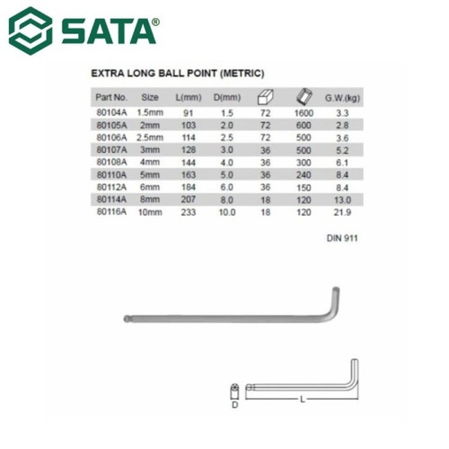 Kunci L 2.5 mm 80106A Sata Tools Extra Long Ball Point Hex Key Metric