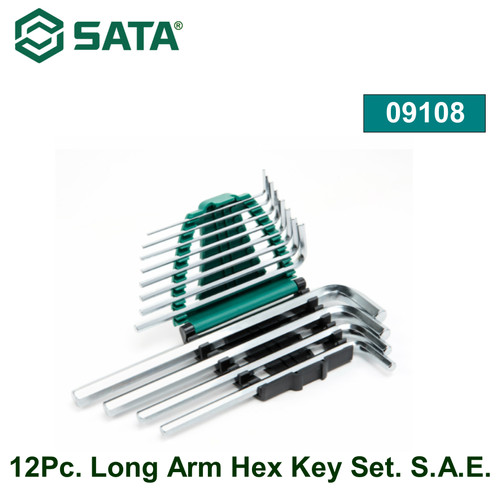 Kunci L 12 buah Inci 1/16" - 3/8" Sata Tools 09108 12Pc. Long Arm Hex Key Set. S.A.E.