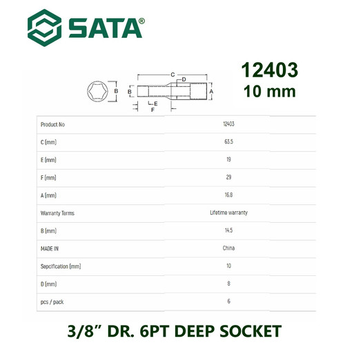 Kunci Sok Panjang 12403 - 3/8" Dr. 6PT Deep Socket 10 mm Sata Tools
