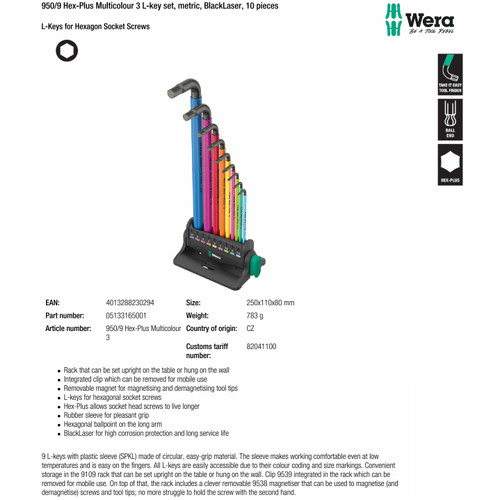 Kunci L set 10 pcs Metrik 05133165001 Wera 950/9 Hex-Plus Multicolour 3 L-key set, metric, BlackLaser, 10 pieces