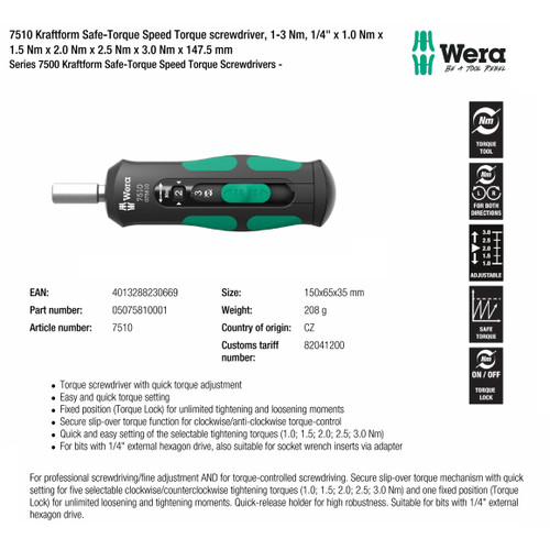 Obeng Torsi 1-3 Nm 05075810001 Wera 7510 Kraftform Safe-Torque 1-3 Nm Speed Torque screwdriver