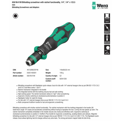 Gagang Mata Obeng, Bit Holder, Ratchet Bolak Balik 1/4" Wera 05051493001 838 RA-R M Bitholding screwdriver with ratchet functionality, 1/4"