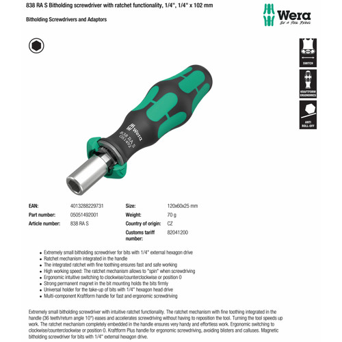 Gagang Mata Obeng, Bit Holder, Ratchet , 1/4" Wera 05051492001 838 RA S Bitholding screwdriver with ratchet functionality