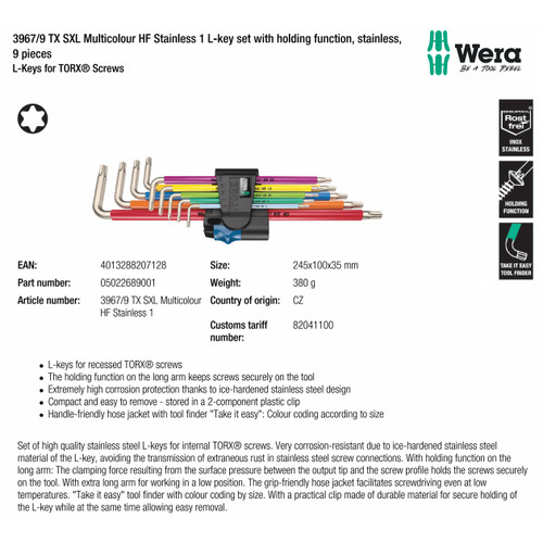 Kunci L Bintang set 9 pcs TX 8 - TX 40 Wera 05022689001 3967/9 TX SXL Multicolour HF Stainless 1 L-key set with holding function, stainless, 9 pieces