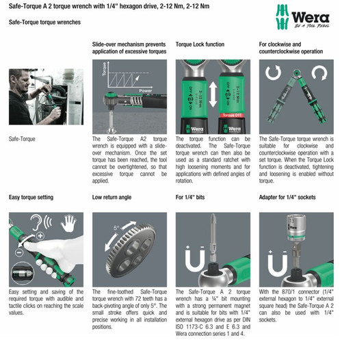 Kunci Shock Momen Torsi 1/4" dengan pengaman 2-12 Nm 05075801001  Wera Safe-Torque A 2 torque wrench with 1/4" hexagon drive