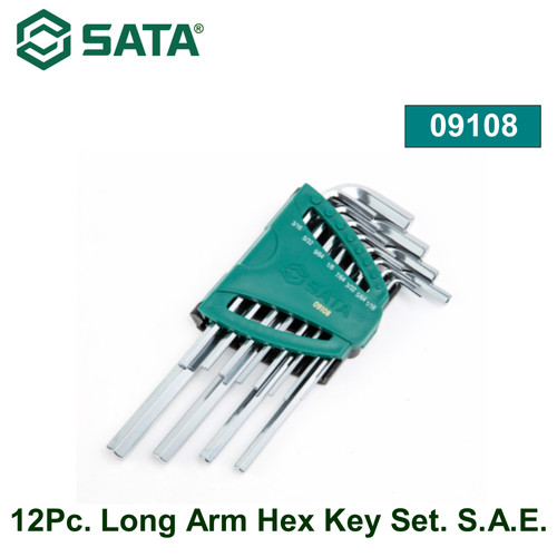 Kunci L 12 buah Inci 1/16" - 3/8" Sata Tools 09108 12Pc. Long Arm Hex Key Set. S.A.E.