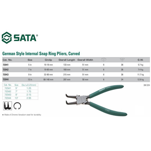 Tang Snap Ring 5" 10-22 mm 72041 Internal Germany Open Curved Sata Tools