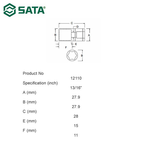 Kunci Sok 3/8" Dr. 6pt ukuran 13/16" Inci Sata Tools 12110 3/8" Drive 6 point Socket 13/16"