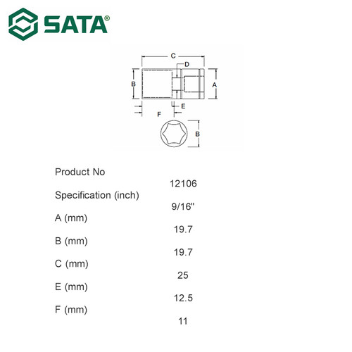 Kunci Sok 3/8" Dr. 6pt ukuran 9/16" Inci Sata Tools 12106 3/8" Drive 6 point Socket 9/16"