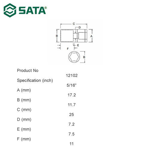 Kunci Sok 3/8" Dr. 6pt ukuran 5/16" Inci Sata Tools 12102 3/8" Drive 6 point Socket 5/16"