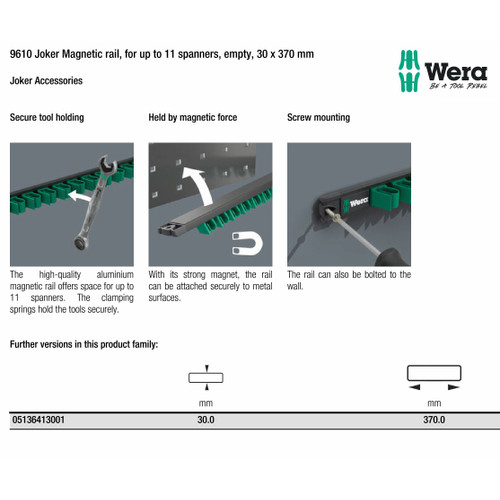 Rel magnetik untuk 11 kunci pas, kosong 05136413001 Wera 9610 Joker Magnetic rail, for up to 11 spanners, empty