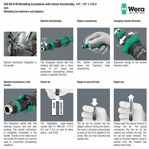 Gagang Mata Obeng, Bit Holder, Ratchet Bolak Balik 1/4" Wera 05051493001 838 RA-R M Bitholding screwdriver with ratchet functionality, 1/4"