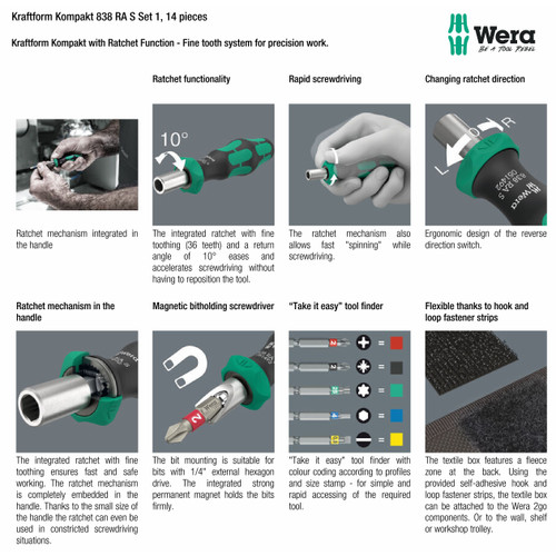 Obeng Bits Set 14 pcs Wera 05051060001 Kraftform Kompakt 838 RA S Set 1, 14 pieces