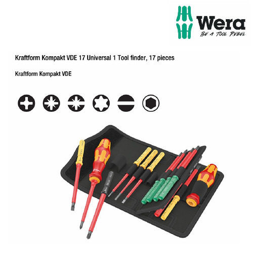 Obeng VDE set 17 pcs Wera 05006611001 Kraftform Kompakt VDE 17 Universal 1 Tool finder, 17 pieces