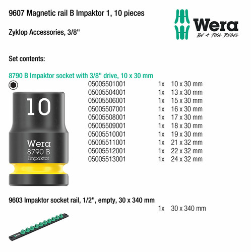 Socket Impact Set 10 pcs Wera 05005451001 8790 B Impaktor socket with 3/8" drive & 9607 Magnetic rail B, 10 pieces