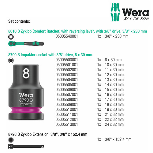 Socket Ratchet Set 3/8"  Wera 05005530001 - 8100 SB 12 Zyklop Comfort Ratchet set, reversing lever, 3/8" dr. metric, 16 pcs  Wera