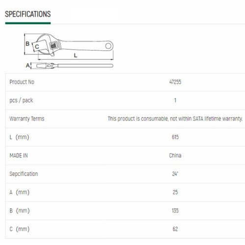 Kunci Inggris Handle Karet 47255 24" EU Style Adj. Wrench Sata Tools