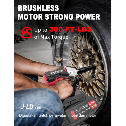 JLD 48VF Impact Wrench Cordless Brushless with 2 battery/Mesin Bor Red