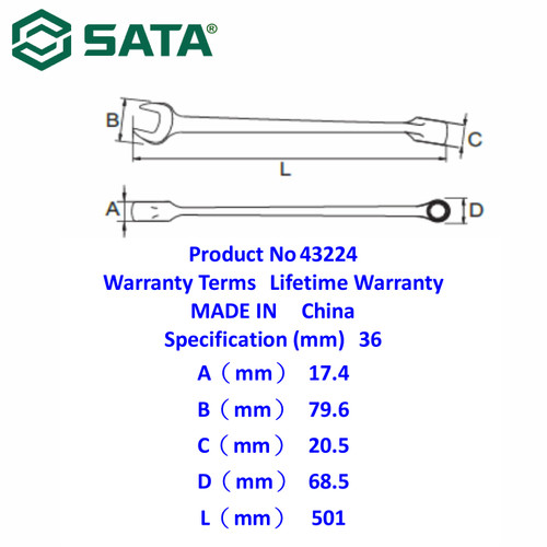 Kunci Ring Pas 36 mm 43224 Full Polish Comb. Ratchet Wrench Sata Tools