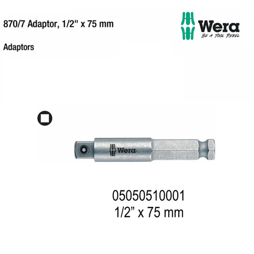 Sambungan Socket 870/7 Adaptor, 1/2" x 75 mm 05050510001 Adaptor for machine-operated nut spinner sockets Wera