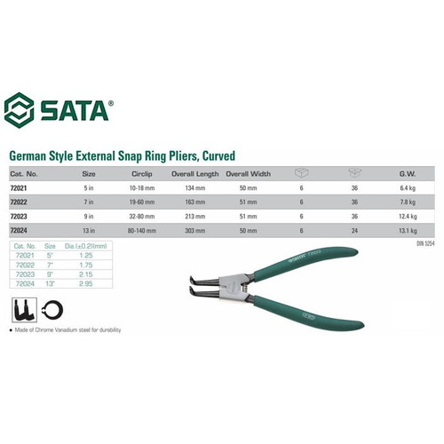 Tang Snap Ring 5" (125 mm) 72021 Germany Snap Ring Pliers External Open Curved  Sata Tools