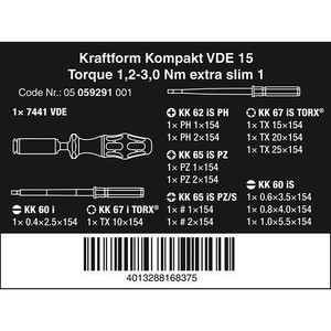 Obeng Torsi VDE Set Wera 05059291001 Torque 1.2-3.0 Nm Extra Slim 15pc