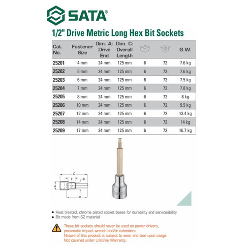 Mata Sok Bit Hex 1/2" Dr. 17 mm Panjang 100 mm 25209 Bit Socket Sata