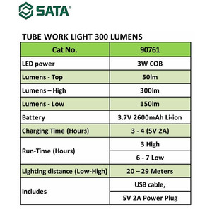 Lampu Senter Led 90761 Tube Work Light 300 Lumens Sata Tools