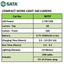 Lampu Senter Led 90757 Compact Work Light 160 Lumens Sata Tools