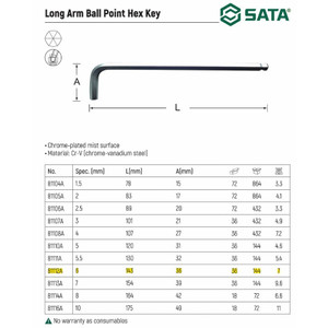 Kunci L 6 mm Panjang 81112A Long Arm Ball Point Hex Key Sata Tools