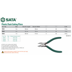 Tang Potong Plastik 6" - Plastic Flush Cutting Plier 70642 Sata Tools