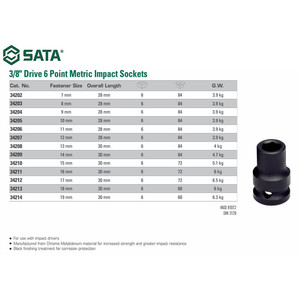 Kunci Mata Sok Socket Impact 3/8 Inch 16 mm 34211 Sata Tools