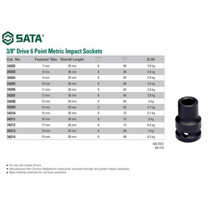 Kunci Mata Sok Socket Impact 3/8 Inch 11 mm 34206 Sata Tools