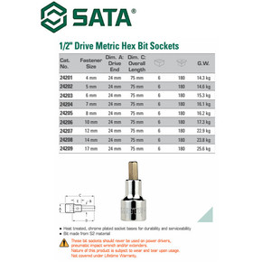 Mata Sok Bit Hex 7 mm 24204 1/2" 50 L Metric Hex Bit Socket Sata Tools