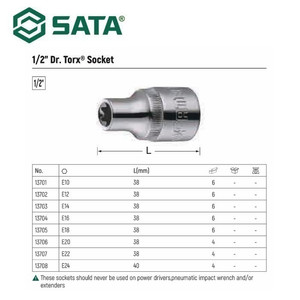 Kunci Shock Mata Sok Bintang 13708 1/2" Dr. Torx Socket E24 Sata Tools