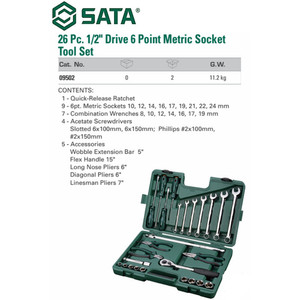 Kunci Shock Mata Sok 26 Pcs Metrik 09502 1/2" 6 PT Socket Sata Tools