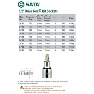 Mata Sok Bit Bintang 24105 1/2” Bit Torx T40 Socket 50 mm Sata Tools