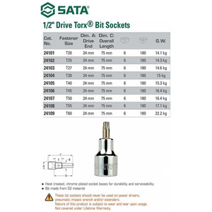 Mata Sok Bit Bintang 24107 1/2” Bit Torx T50 Socket 50 mm Sata Tools
